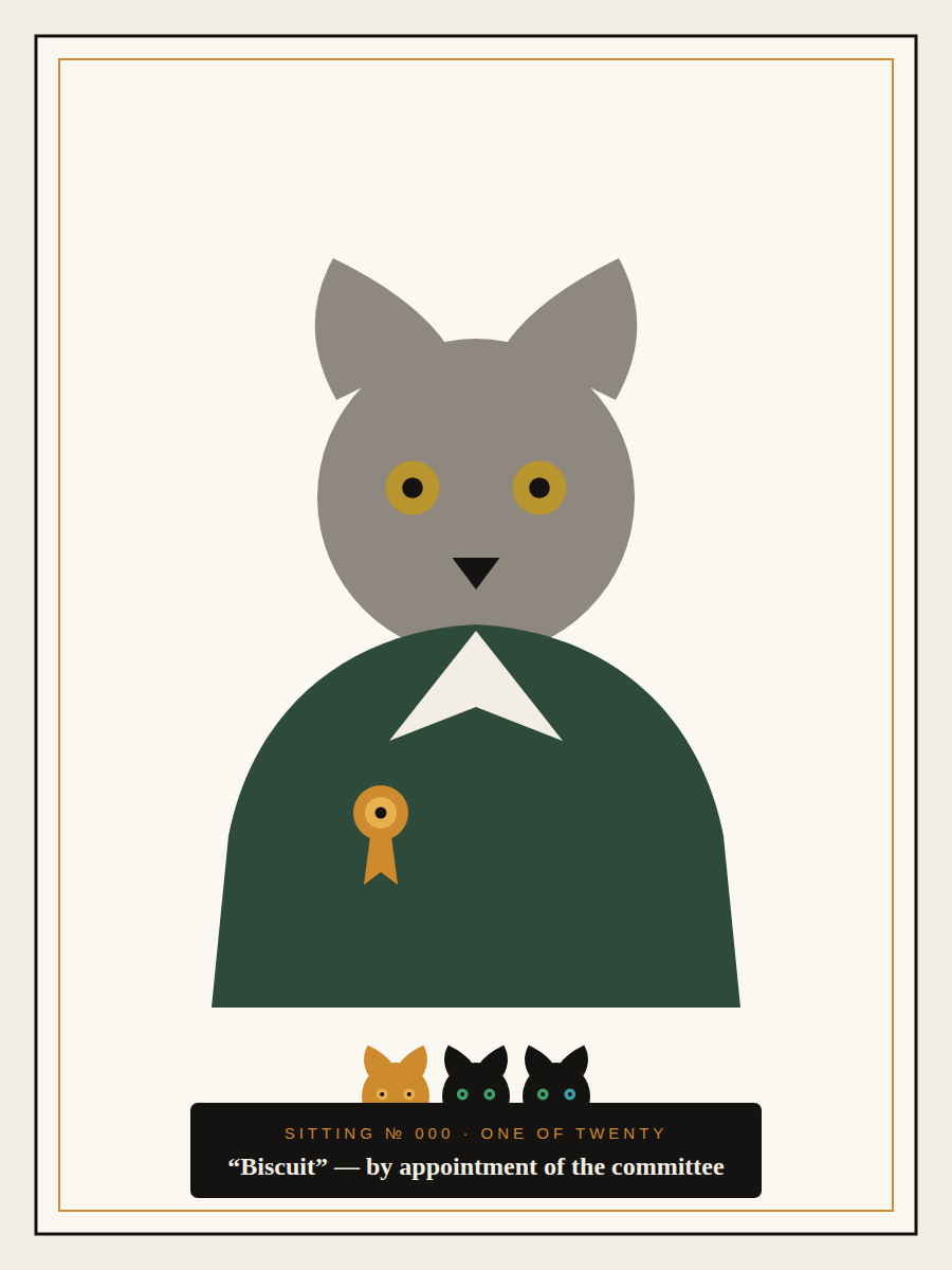The Commission — Sitting No. 000, Biscuit: committee portrait in robe and rosette